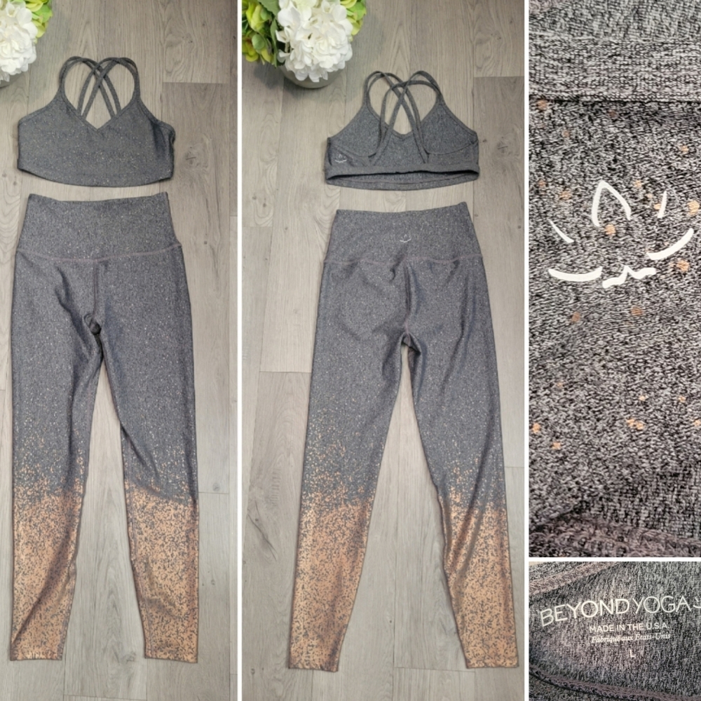 Beyond Yoga Alloy Ombre Gold & Gray Sports Bra & 7/8 High-Waist Pants Set, Large